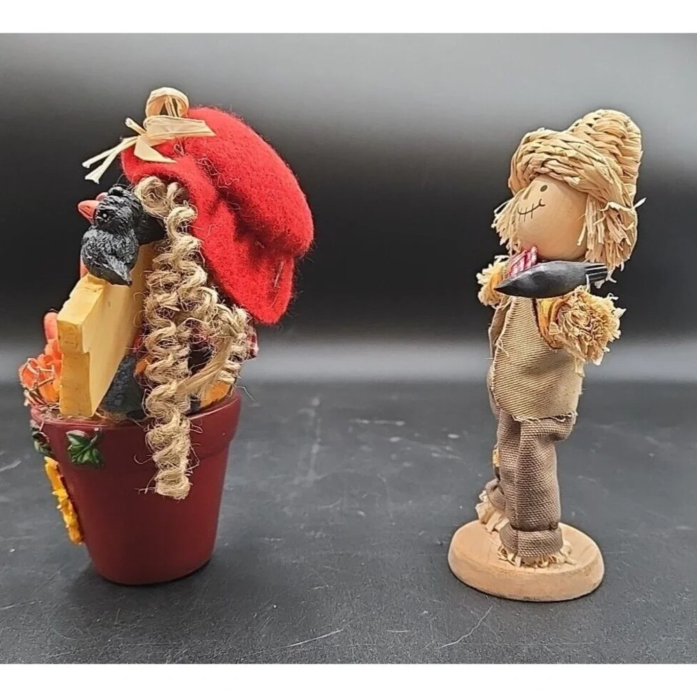 2 Vtg Country Potted Scarecrow‎ Decor Figures Thanksgiving Fall Halloween ?Avon